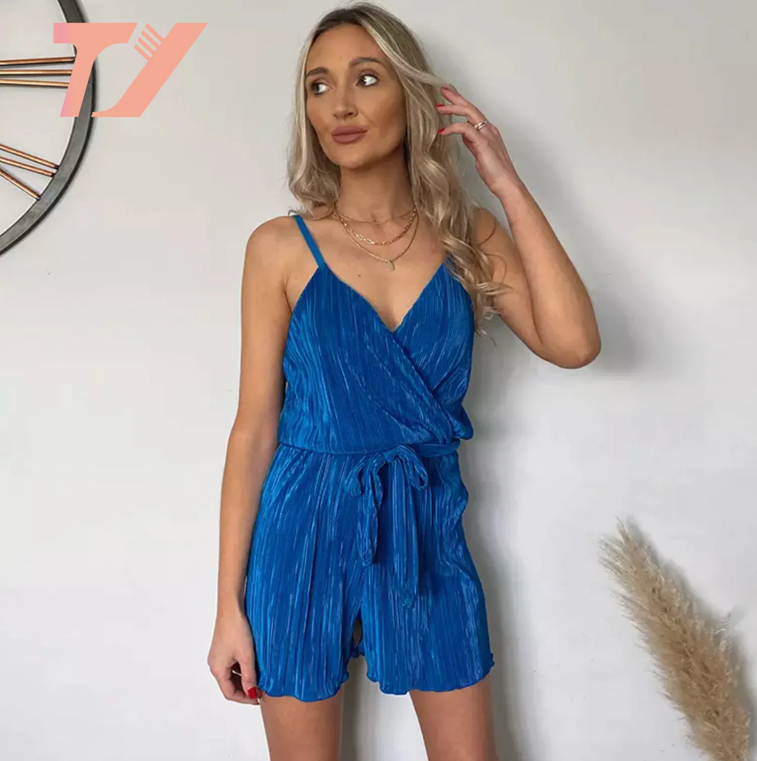 High Quality Sleeveless Short Romper Knit Jumpsuit Summer Sleeveless Halter Deep Lace-up Slit Outfits Cami Dress Women