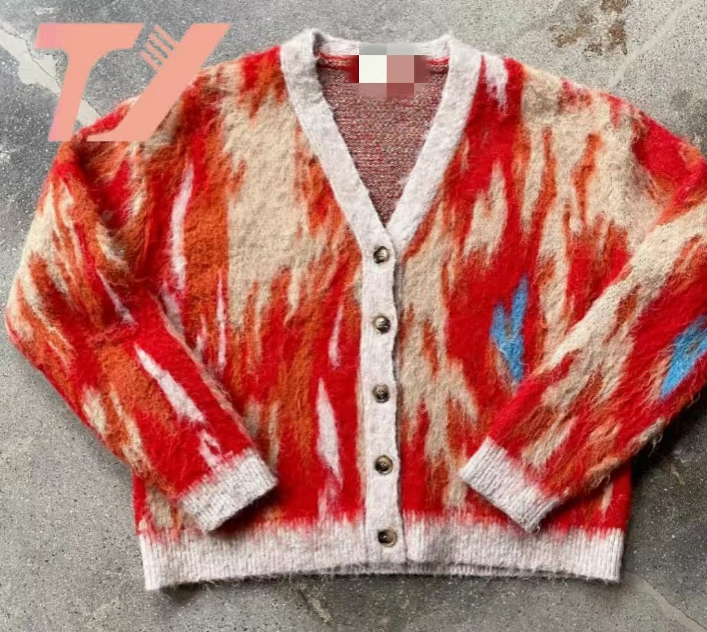 Custom OEM & ODM Mohair Men Knitted Sweater Fuzzy Long Sleeve Knitwear Winter Cardigan Knit Custom Men Mohair Sweater