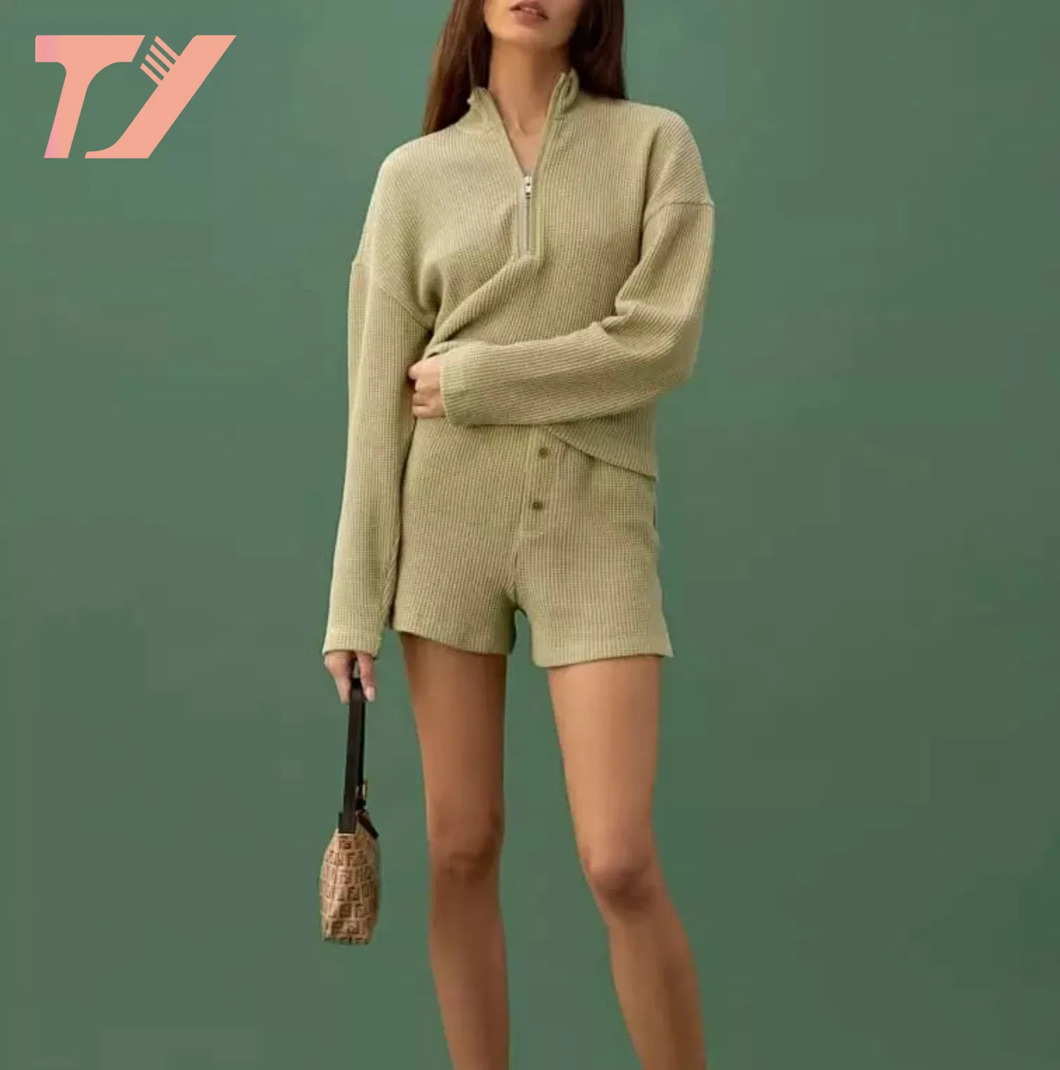 OEM&ODM Fashion Women Lounge Wear Pajamas Pj Set Shorts Set Cotton Waffle Knit Casual Wear Cozy Zipper 2 Pieces Above Knee