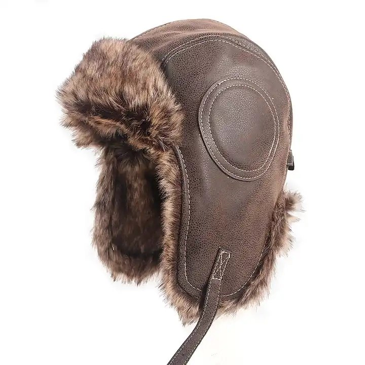 Winter Leather Trapper Winter Faux Fur Hat Russian Ushanka with Ear Flaps