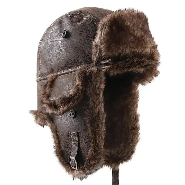 Winter Leather Trapper Winter Faux Fur Hat Russian Ushanka with Ear Flaps