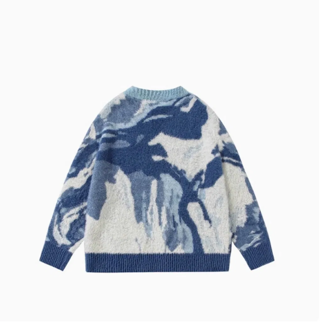 Knitwear Manufacturer Custom Crew Neck Streetwear Blue Jacquard Design Fuzzy Mohair Pullover Knit Men&prime;s Sweaters