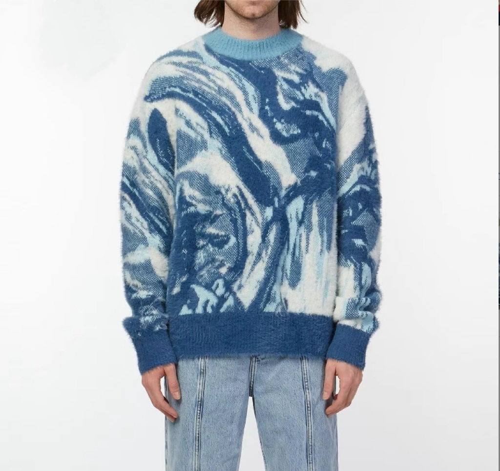 Knitwear Manufacturer Custom Crew Neck Streetwear Blue Jacquard Design Fuzzy Mohair Pullover Knit Men′s Sweaters
