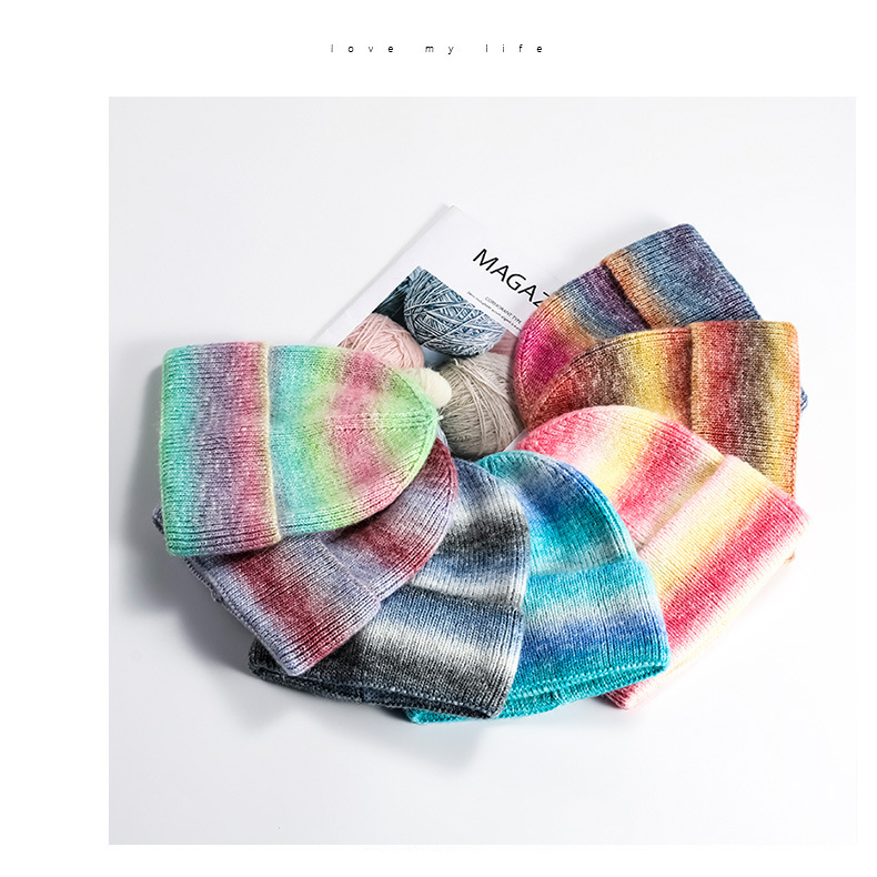 Gradient Warm Knitted Beanie Rainbow Tie Dye Wool Embroidery Logo Custom Beanie