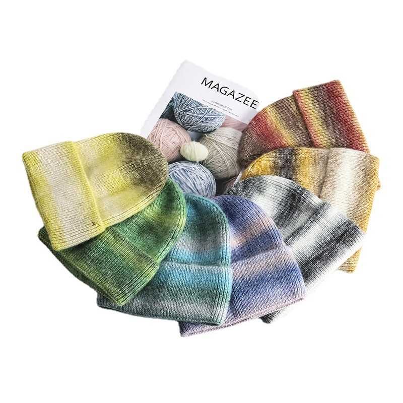 Gradient Warm Knitted Beanie Rainbow Tie Dye Wool Embroidery Logo Custom Beanie