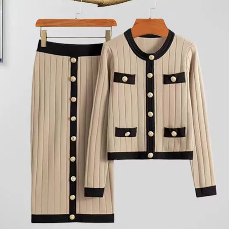 Autumn Solid Color Knitted Sexy Sweater Dress Suit Fashionable Knitted Cardigan with Skirt Two Piece Set for Women