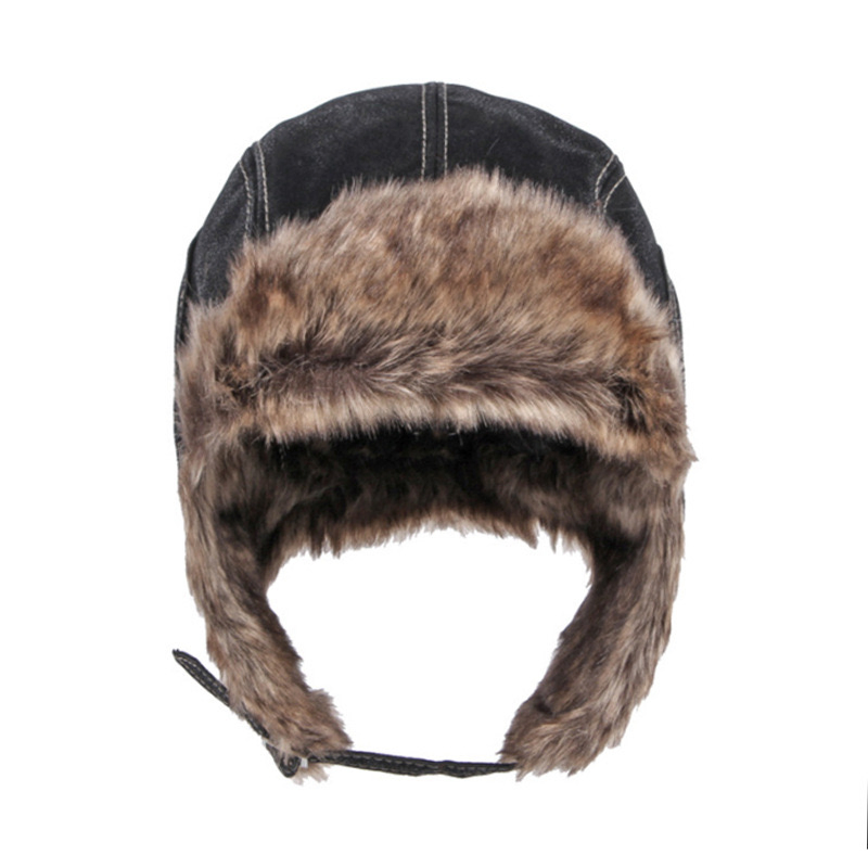 Winter Leather Trapper Winter Faux Fur Hat Russian Ushanka with Ear Flaps