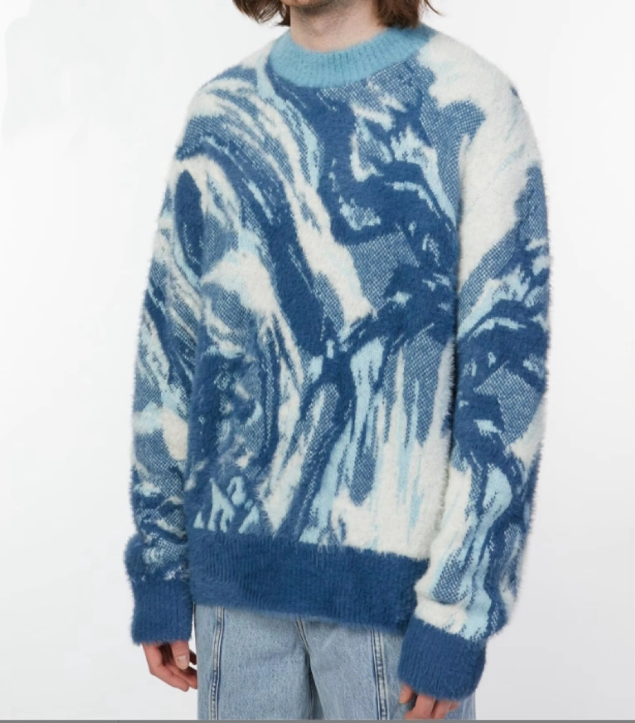 Knitwear Manufacturer Custom Crew Neck Streetwear Blue Jacquard Design Fuzzy Mohair Pullover Knit Men&prime;s Sweaters