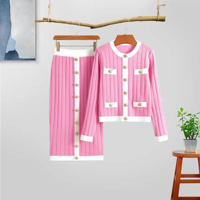 Autumn Solid Color Knitted Sexy Sweater Dress Suit Fashionable Knitted Cardigan with Skirt Two Piece Set for Women