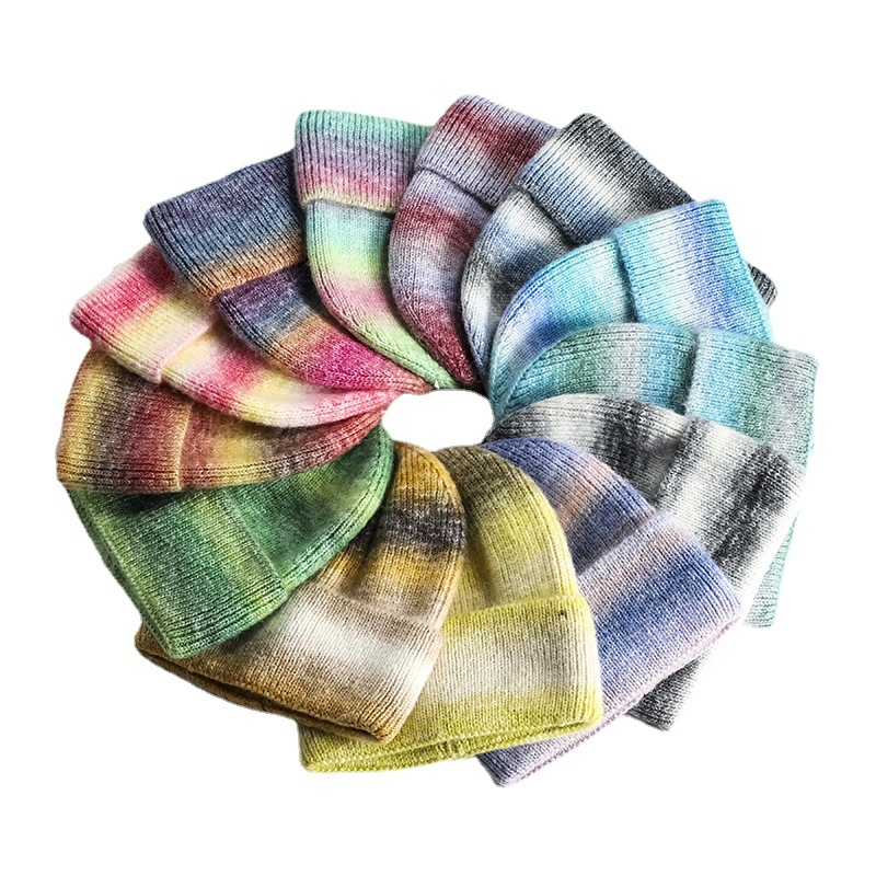 Gradient Warm Knitted Beanie Rainbow Tie Dye Wool Embroidery Logo Custom Beanie