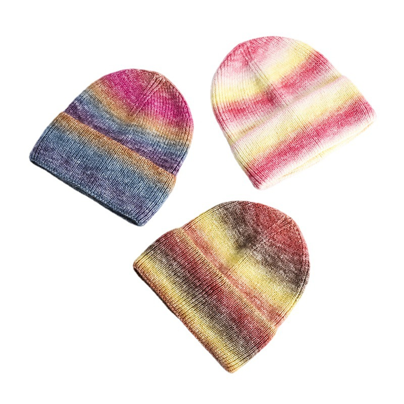 Gradient Warm Knitted Beanie Rainbow Tie Dye Wool Embroidery Logo Custom Beanie