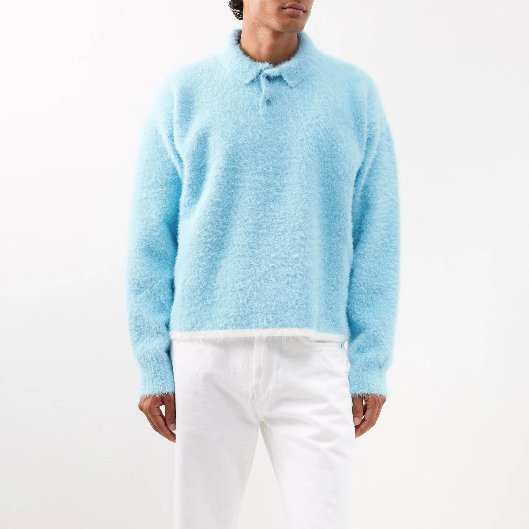 OEM Knitwear Mohair Men′s Sweaters Custom Logo Faux Fur Brushed Mohair Furry Fluffy Knit Polo Sweater for Men