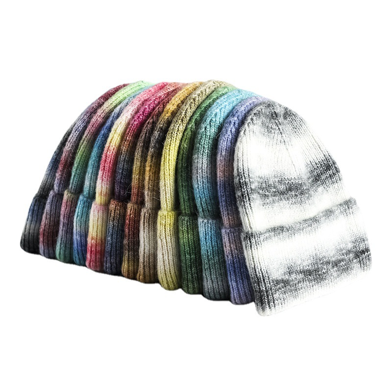 Gradient Warm Knitted Beanie Rainbow Tie Dye Wool Embroidery Logo Custom Beanie