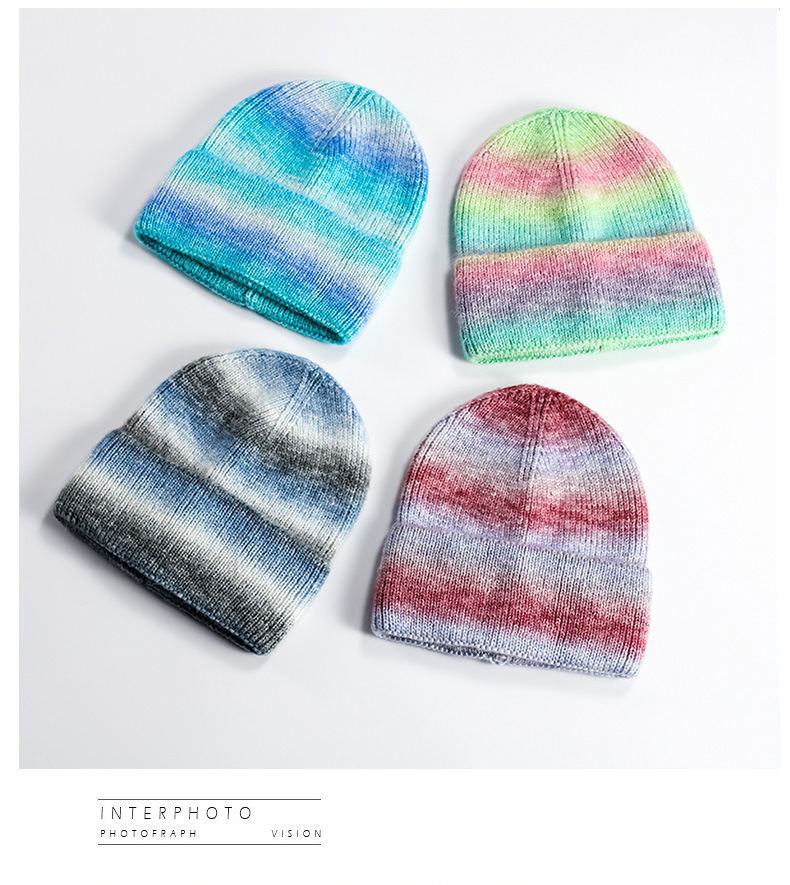 Gradient Warm Knitted Beanie Rainbow Tie Dye Wool Embroidery Logo Custom Beanie