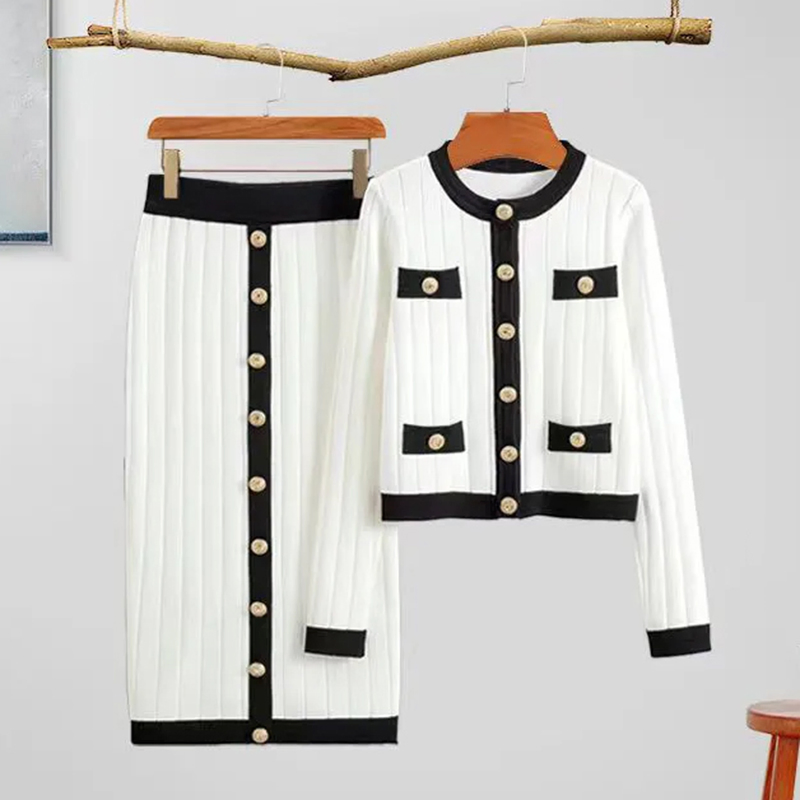 Autumn Solid Color Knitted Sexy Sweater Dress Suit Fashionable Knitted Cardigan with Skirt Two Piece Set for Women
