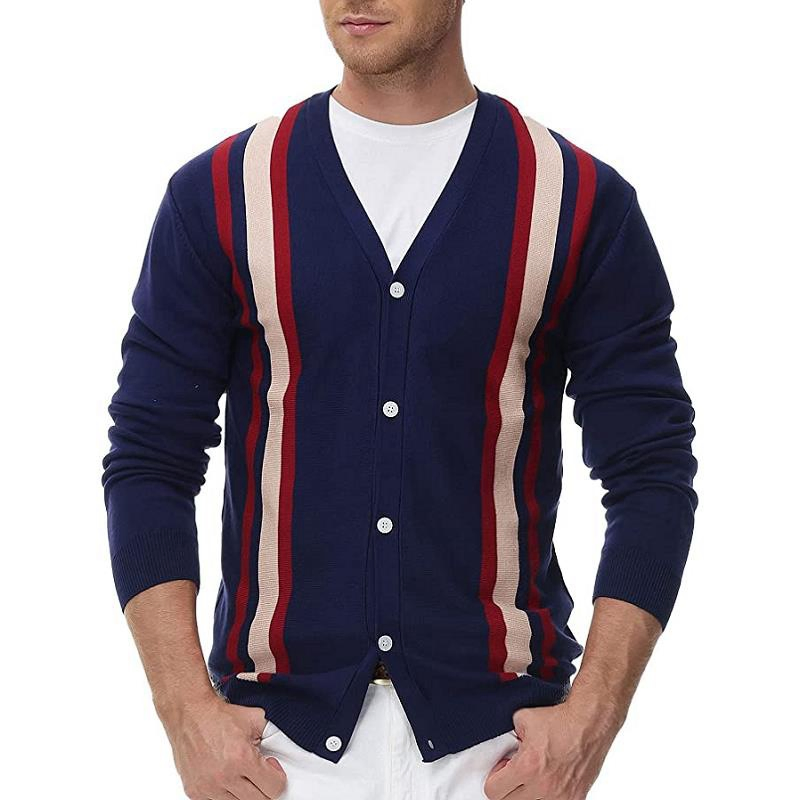 Cardigan Long Sleeve Sweater Stripwinter Warm V Neck Knitted Sweater