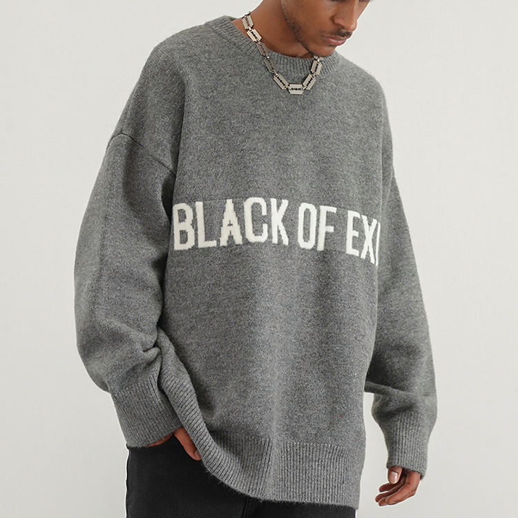 Custom OEM/ODM 7gg Computer Knitted Pullover Pure Cotton Cashmere Letters Crew Neck Grey Black Sweater for Men