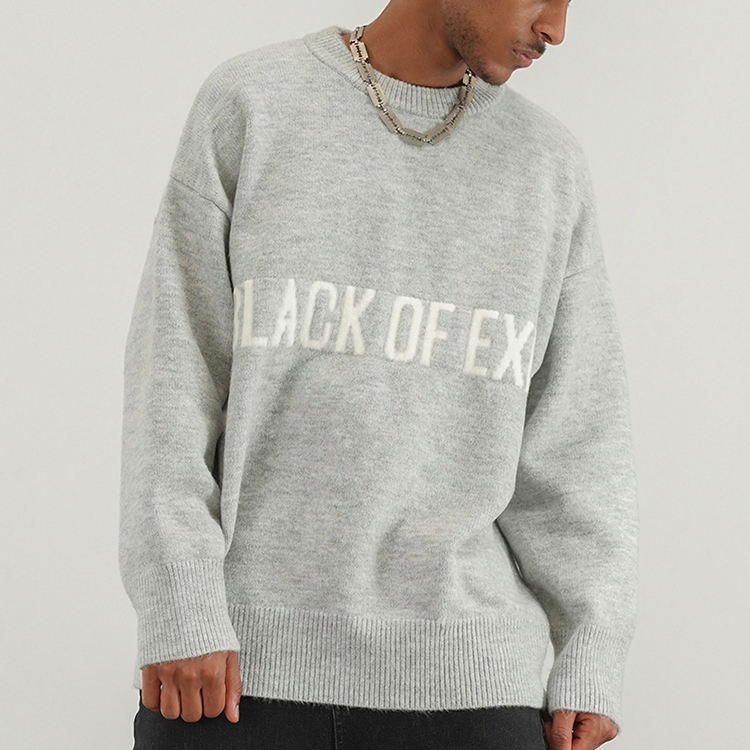 Custom OEM/ODM 7gg Computer Knitted Pullover Pure Cotton Cashmere Letters Crew Neck Grey Black Sweater for Men
