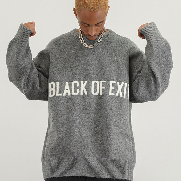 Custom OEM/ODM 7gg Computer Knitted Pullover Pure Cotton Cashmere Letters Crew Neck Grey Black Sweater for Men