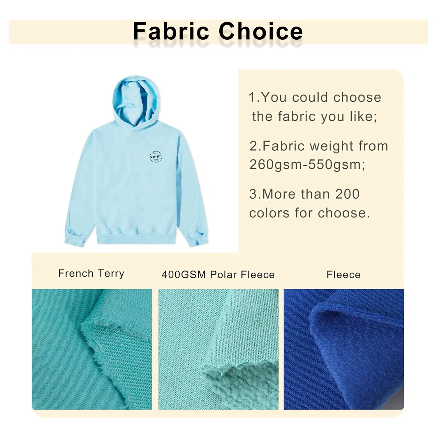 Custom Highstreet Wholesale Screen Print Hoody Pullover 100%Cotton Heavyweght Fleece Casual High Quality Soft Light Blue Hoodie