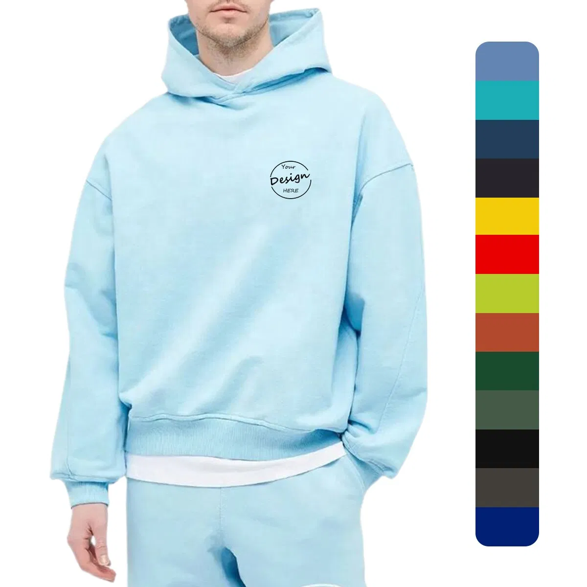 Custom Highstreet Wholesale Screen Print Hoody Pullover 100%Cotton Heavyweght Fleece Casual High Quality Soft Light Blue Hoodie