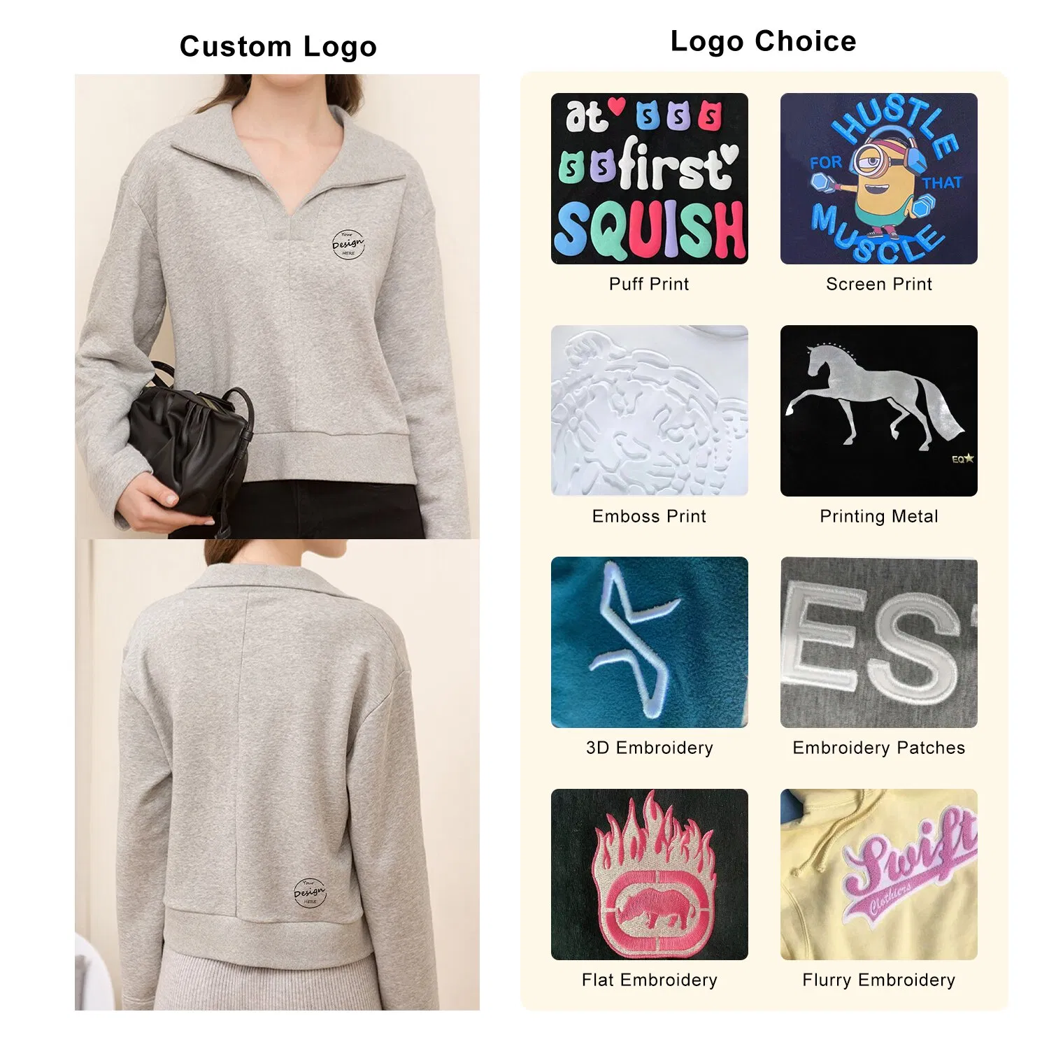 Casual Streetwear Training Solid Color Custom High Quality Fleece Puff Printing 100%Cotton Polo Collar Sweatshirt Men