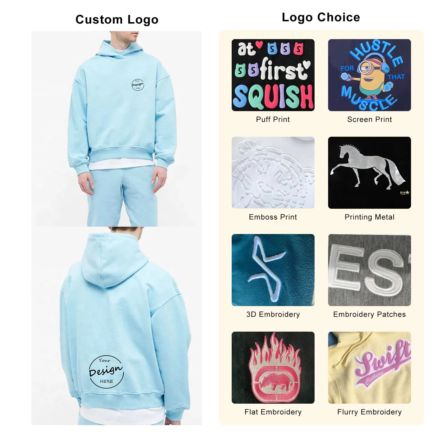 Custom Highstreet Wholesale Screen Print Hoody Pullover 100%Cotton Heavyweght Fleece Casual High Quality Soft Light Blue Hoodie