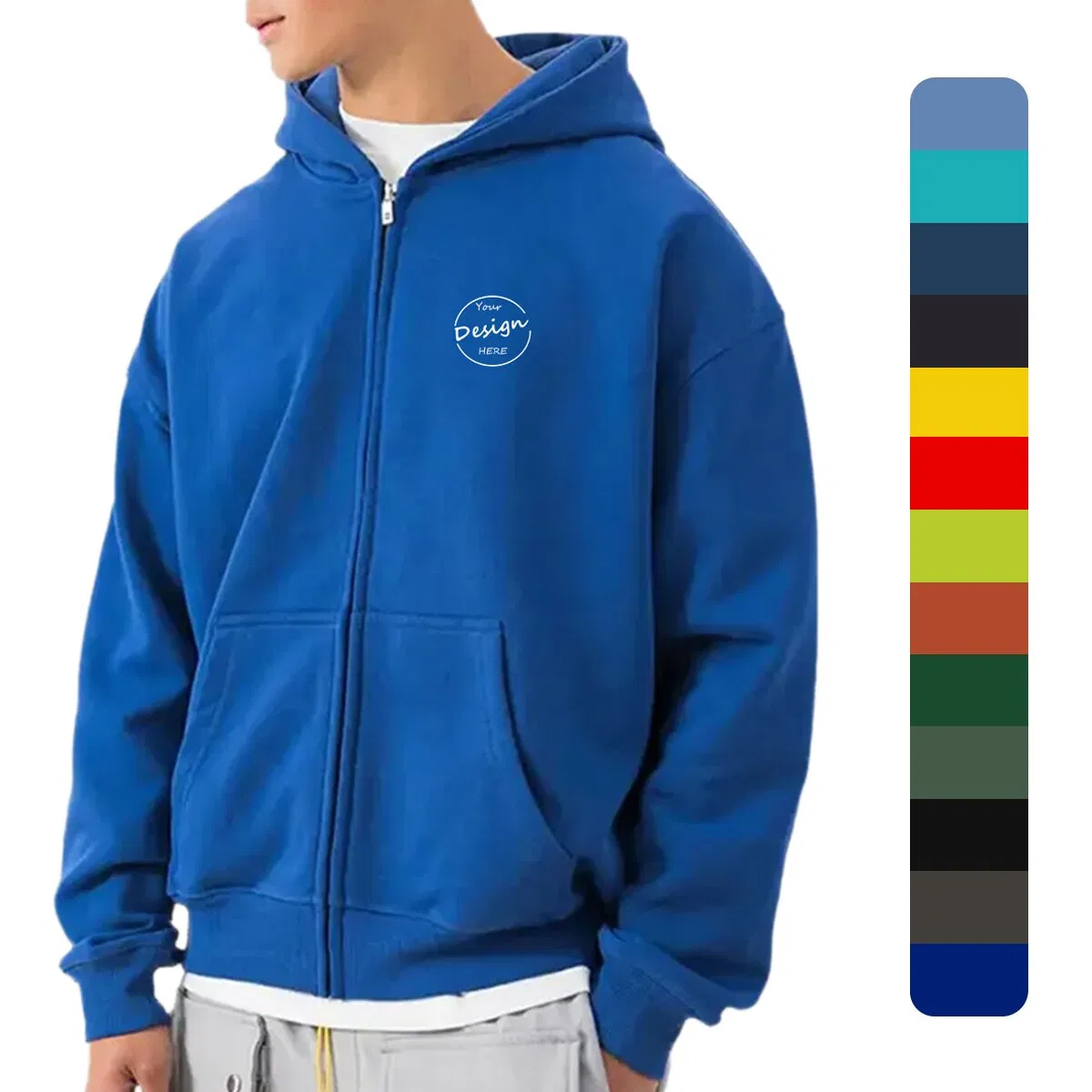 OEM High Quality Solid Color Embroidery Zipper Hoody Bulk Sportswear Casual Men Highstreet Blank Zip up Hoodies