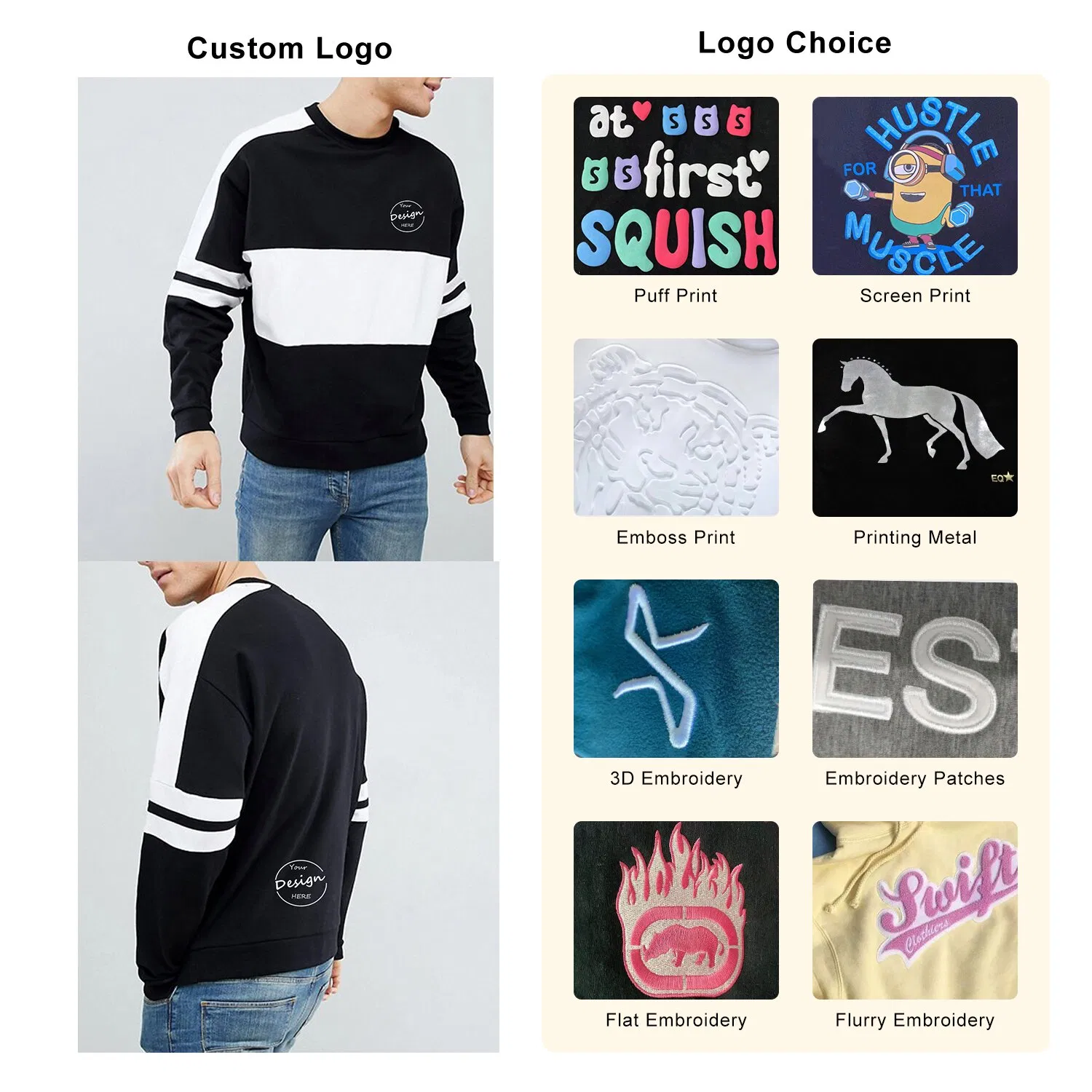High Quality Wholesale Running Sportswear Gym Custom 3D Puff Print French Terry Color Block Sweatshirt Men