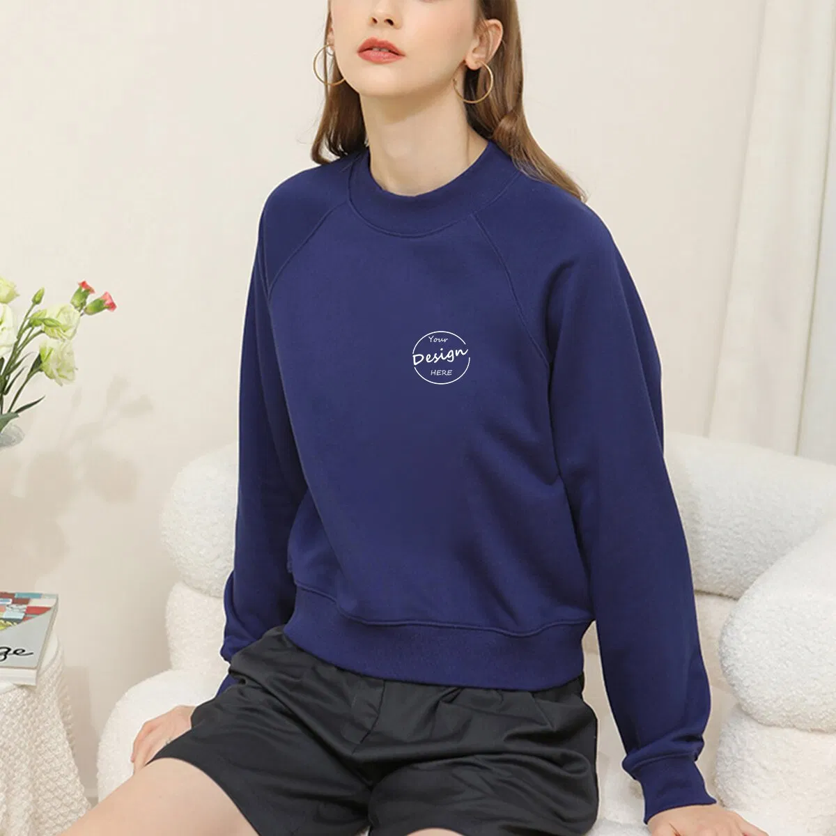 High Quality Solid Color French Terry Highstreet Custom Casual Silk Screen Printing Wholesale Crop Top Sweatshirt Women