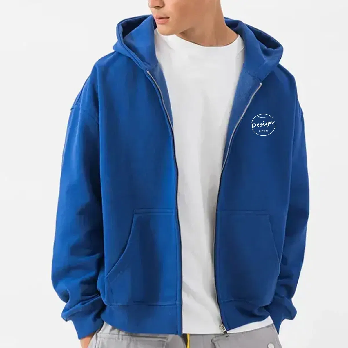 OEM High Quality Solid Color Embroidery Zipper Hoody Bulk Sportswear Casual Men Highstreet Blank Zip up Hoodies