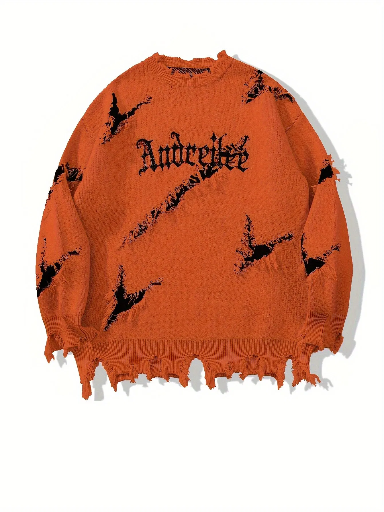 Fall Hole Sweaters Crew Neck Jacquard Pullover Knitted Damaged Plus Size Men′s Sweater