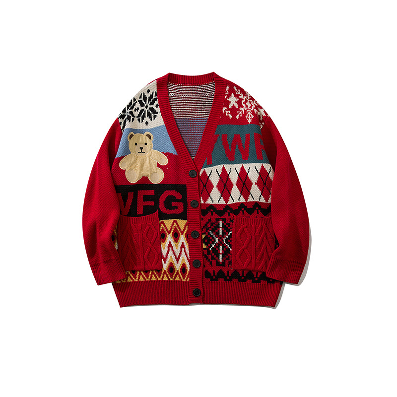 Unisex Retro American Style Cartoon Bear Knitted Cardigan Long-Sleeved V-Neck Sweater