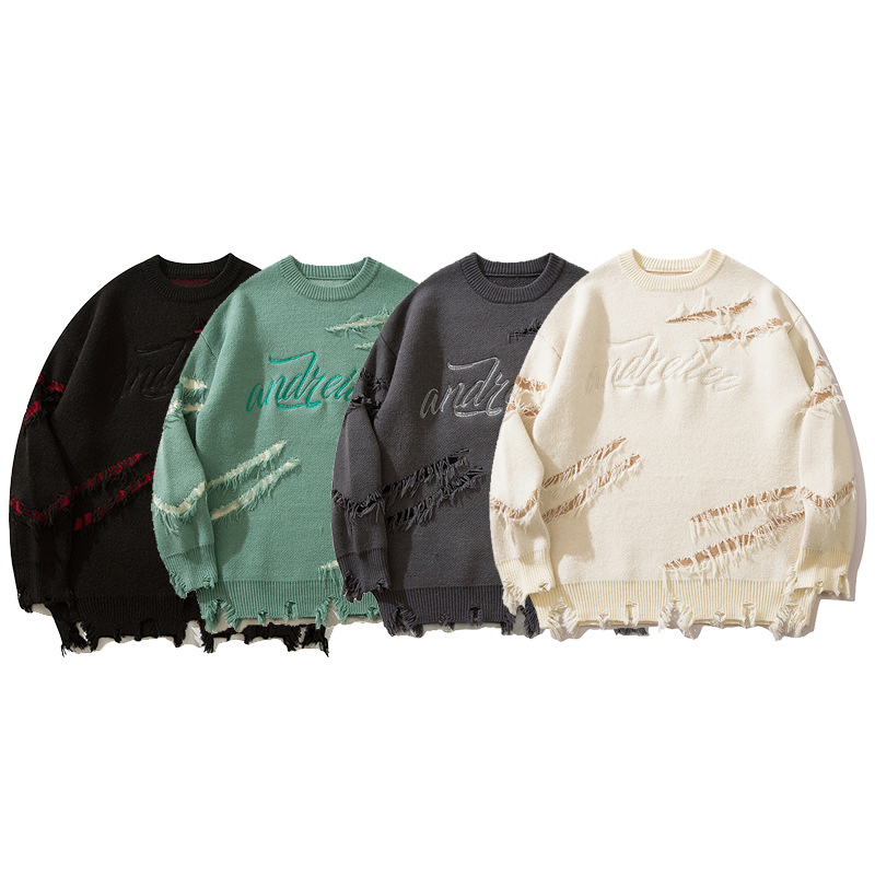 Men′s Distressed Fringe Knitting Sweater