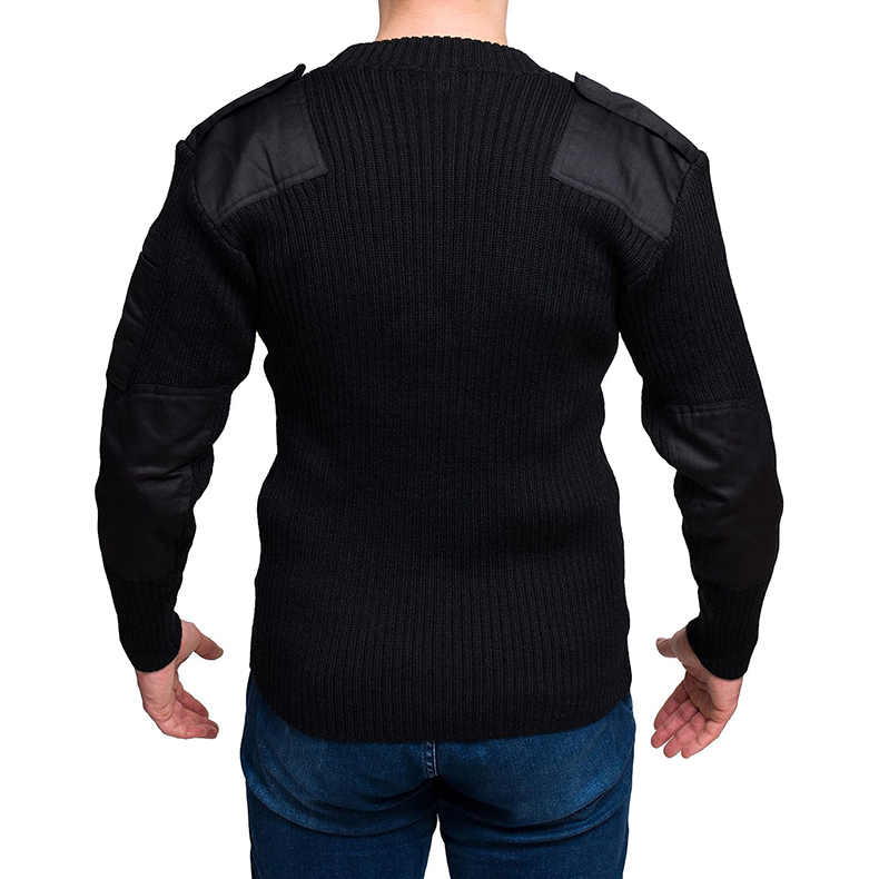 Olive Green Wool Pullover with Elbow Pad and Shoulder Epaulet Acrylic Sweater