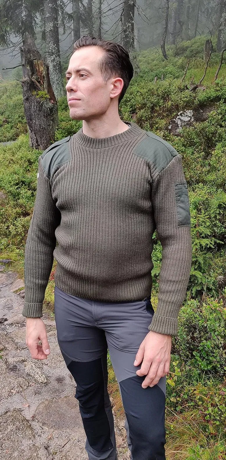 Olive Green Wool Pullover with Elbow Pad and Shoulder Epaulet Acrylic Sweater