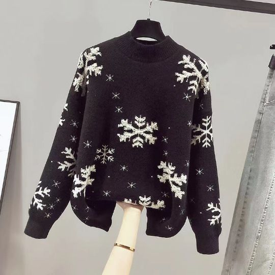 Snowflake Towel Embroidery Half High Neck Long Sleeve Women&prime;s Theme Christmas Sweater