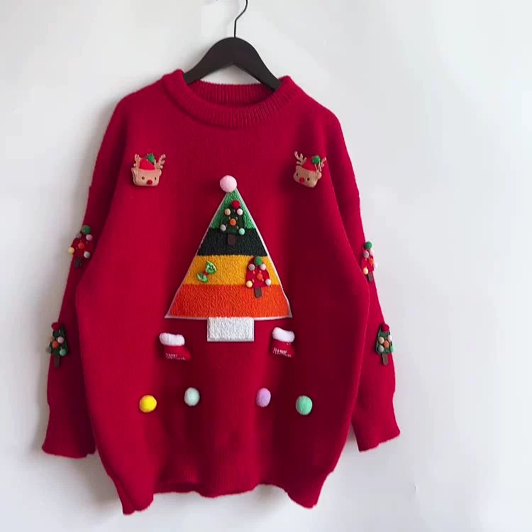 Christmas Sweater Christmas Tree Jacquard Three-Dimensional Decoration Jumper Women′s Knitwear