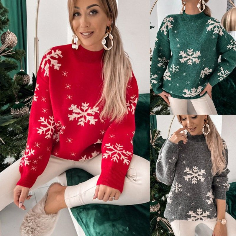 Snowflake Towel Embroidery Half High Neck Long Sleeve Women&prime;s Theme Christmas Sweater