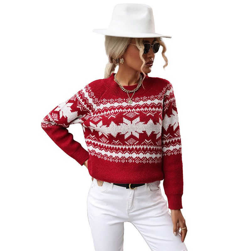 Autumn and Winter New Women′s Trend Round Neck Red Knitted Christmas Snowflake Jumper