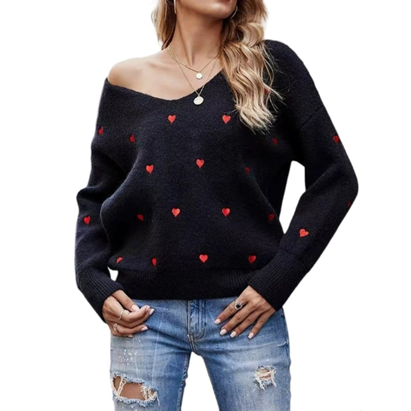 Spring Valentine&prime;s Day Pullover Long Sleeved Love Heart V-Neck Jacquard Knitted Sweater