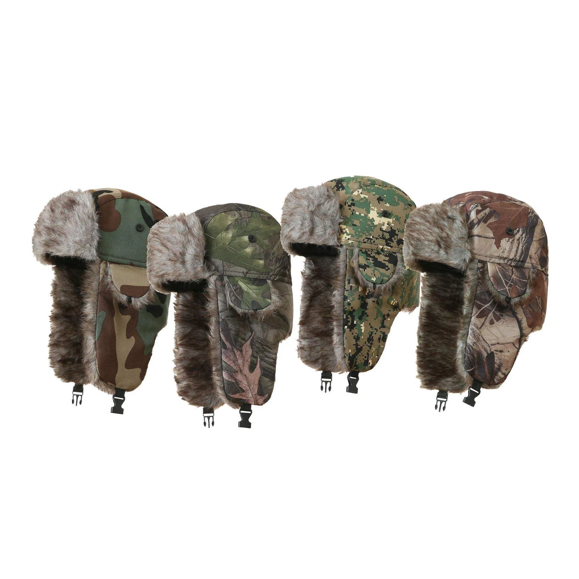 Autumn and Winter Ear Protection Hat with Leaf Print Outdoor Thick Velvet Warm Trapper Hats