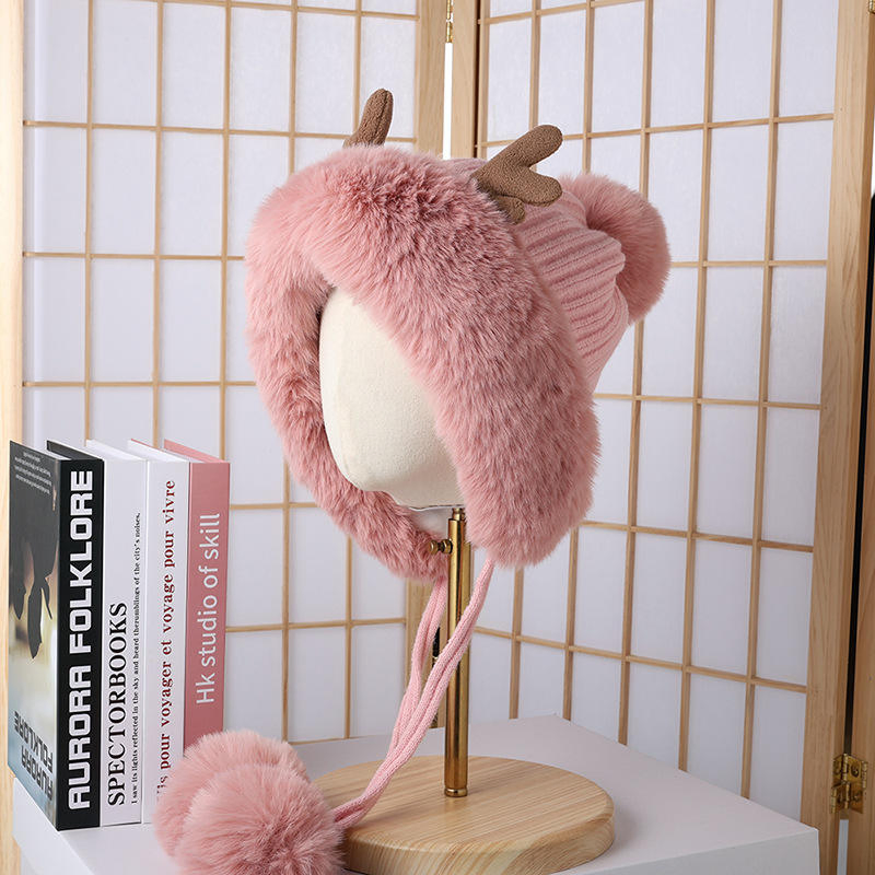 Winter Cute Funny Plush Knitted Red Christmas Reindeer Antlers Hat with POM POM