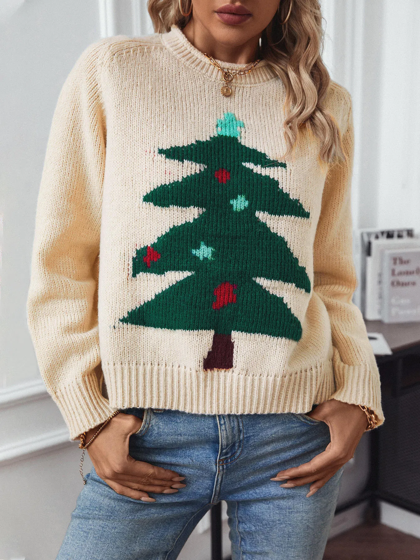 Christmas Tree Jumper Women&prime;s Sweater Warm Loose Knit Cowl Neck Sweater