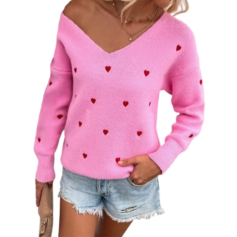 Spring Valentine&prime;s Day Pullover Long Sleeved Love Heart V-Neck Jacquard Knitted Sweater
