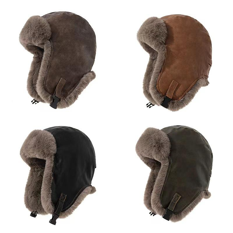 Autumn and Winter New Leather Hat Thickened Warm Plush Windproof Riding Ear Protection Hats