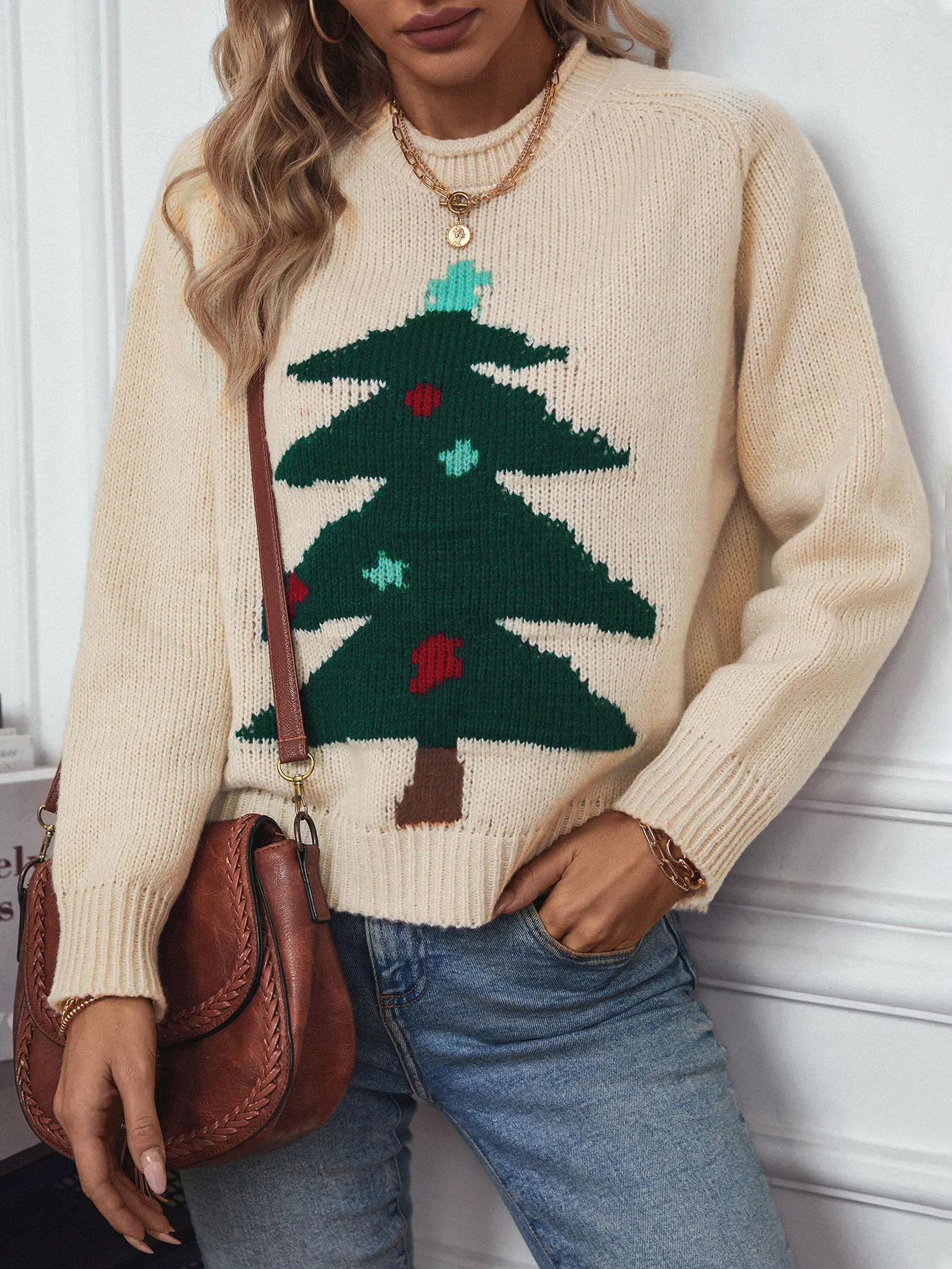 Christmas Tree Jumper Women&prime;s Sweater Warm Loose Knit Cowl Neck Sweater