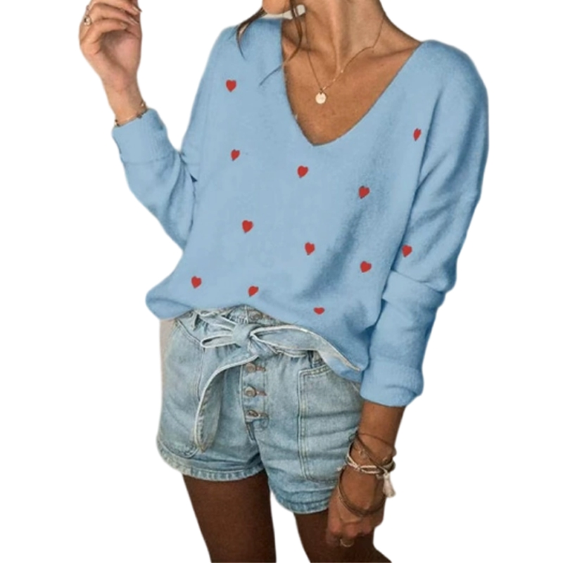 Spring Valentine′s Day Pullover Long Sleeved Love Heart V-Neck Jacquard Knitted Sweater
