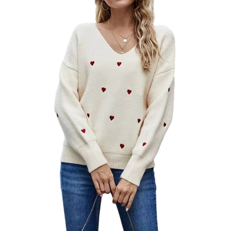 Spring Valentine&prime;s Day Pullover Long Sleeved Love Heart V-Neck Jacquard Knitted Sweater