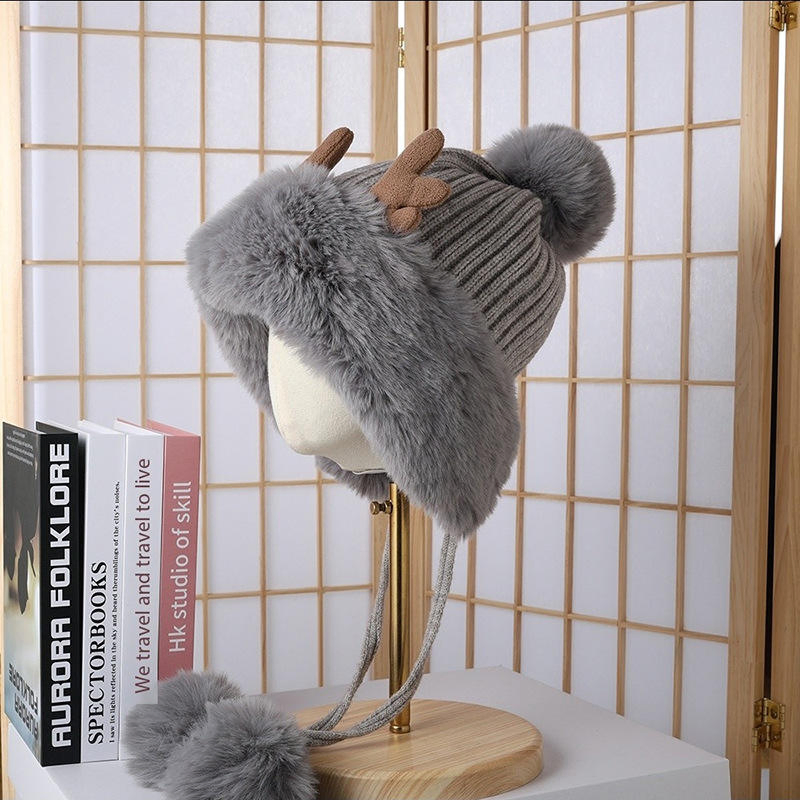 Winter Cute Funny Plush Knitted Red Christmas Reindeer Antlers Hat with POM POM